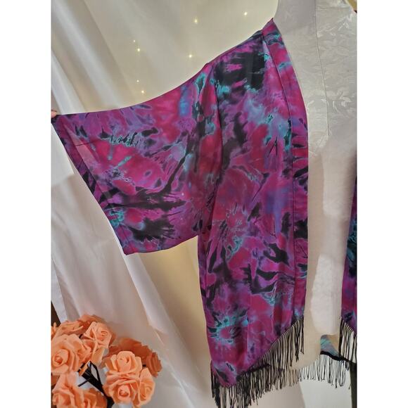 Hot Topic Tie Dye Fringe Kimono Junior Womens Size XL Sheer Flowy Layer Top - Picture 4 of 8